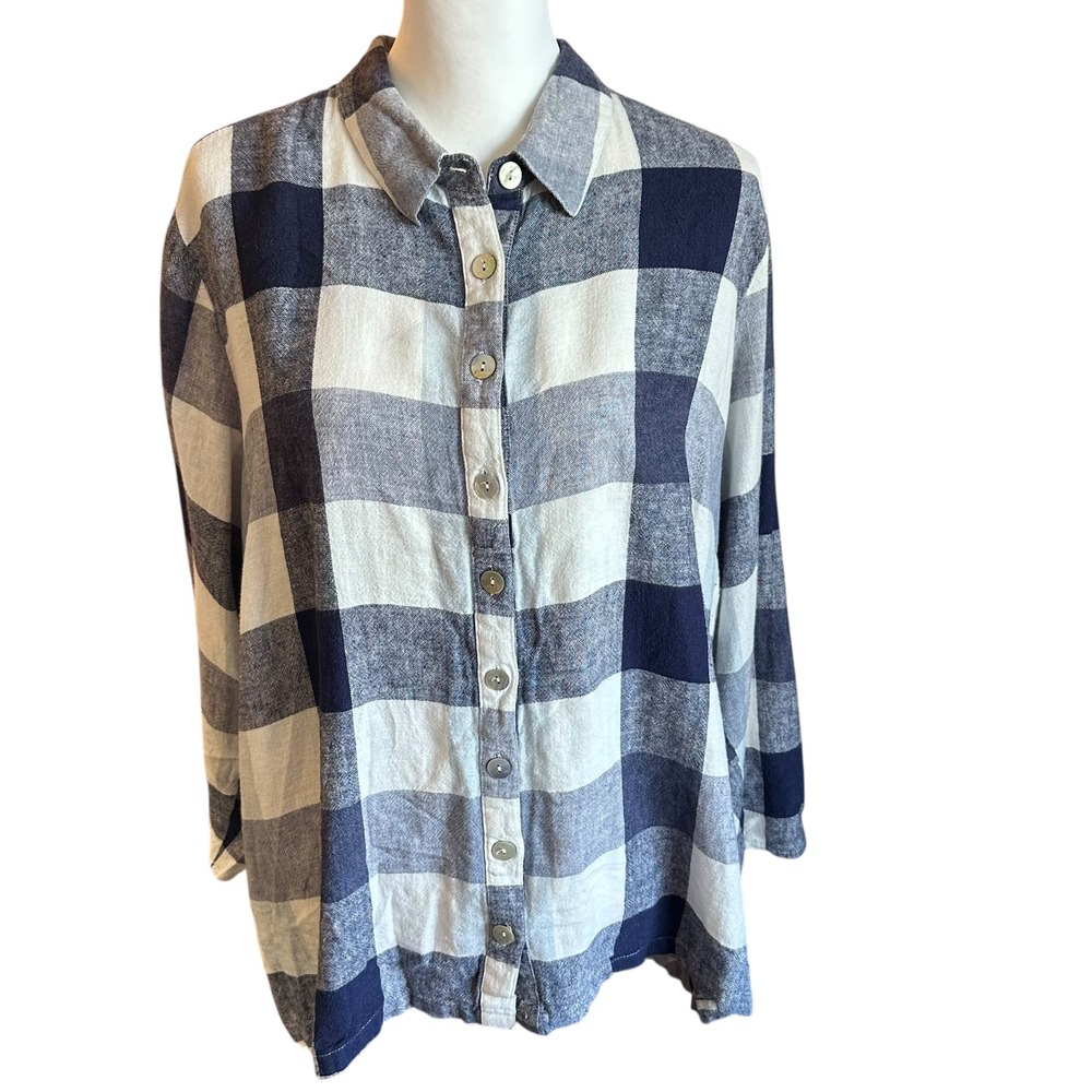 Soft Surroundings Shirt‎ Women's 2X Blue Cream Plaid Linen Rayon Button Front
